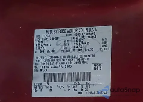 2004 Ford Ranger Edge/Tremor/Xl/Xlt z USA, uszkodzony, nr VIN 1FTYR14U64PA43105